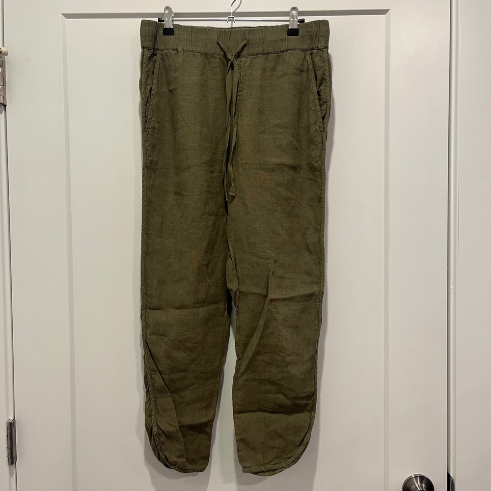 Caslon Olive Green Linen Track Pants Elastic Waist Tulip Hem Small